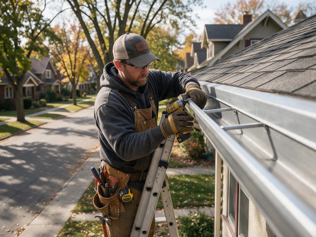 Worker on a ladder attaching a silver gutter under a shingled roof edge, with houses and fall trees behind him, in Iowa City, IA