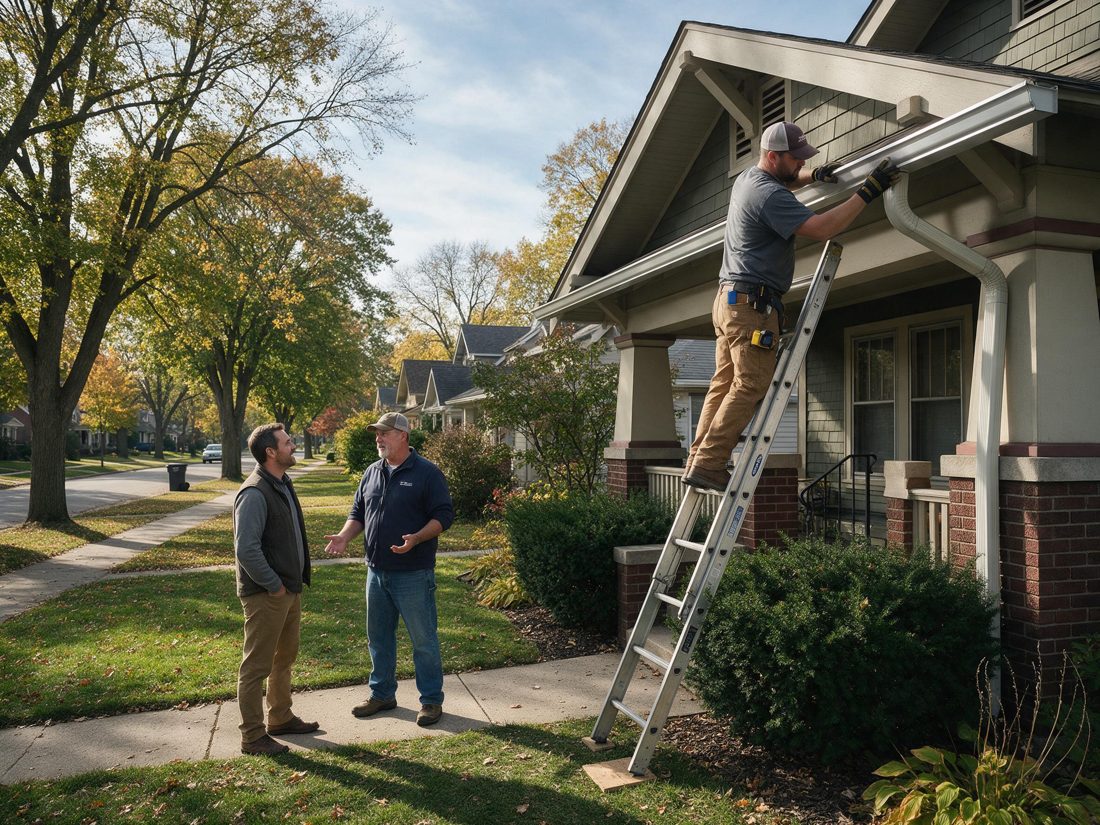 Worker on a ladder installing a downspout on a craftsman porch while two men talk on the lawn, in Iowa City, IA