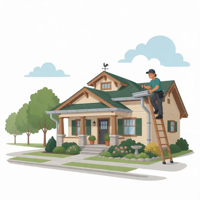 Illustration of a worker on a ladder at the gutter of a green-roofed bungalow with trees and clouds, for a home in Iowa City, IA