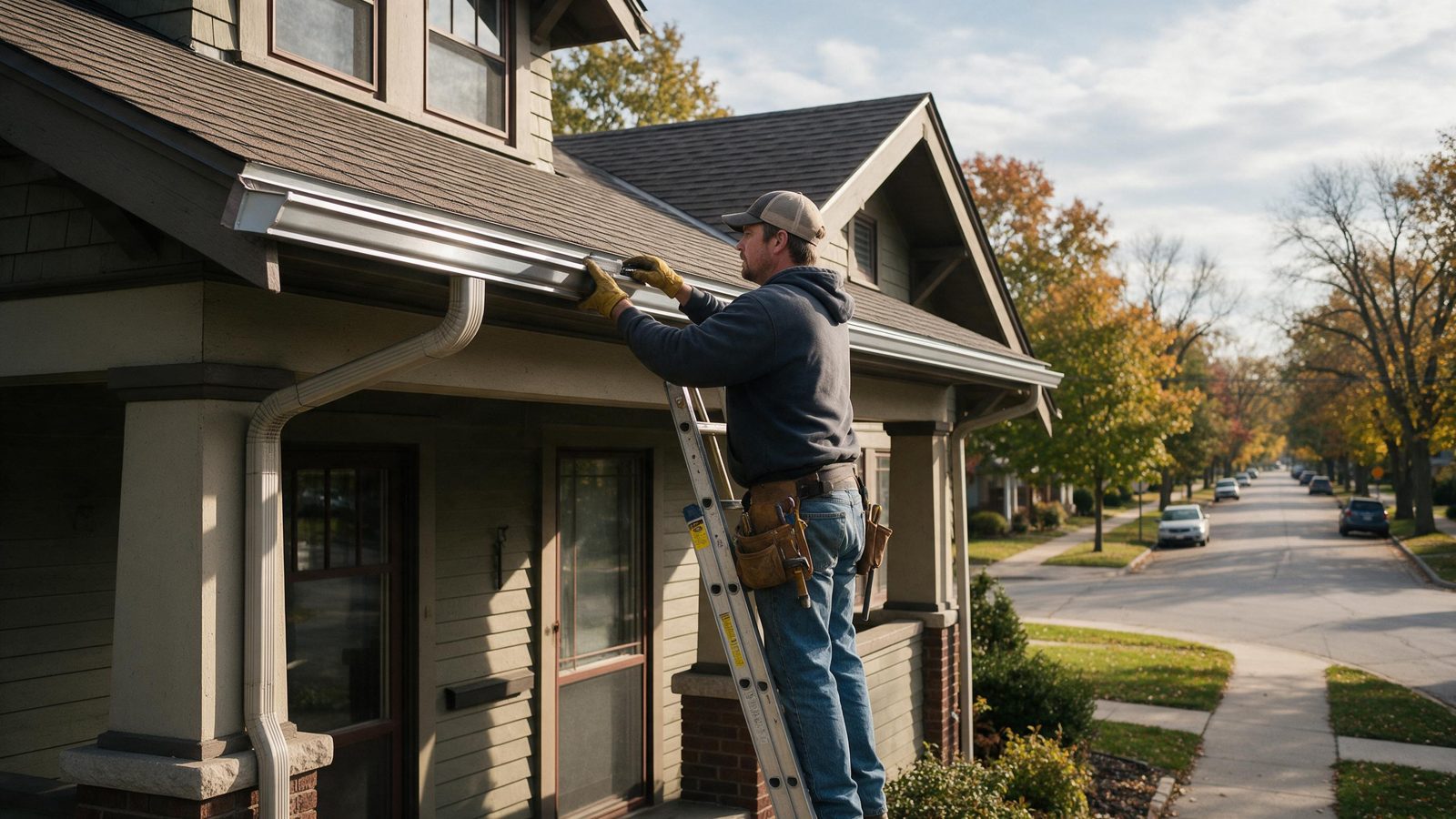 Worker on a ladder fitting a gutter along the porch roof of a craftsman house on a tree-lined street, in Iowa City, IA