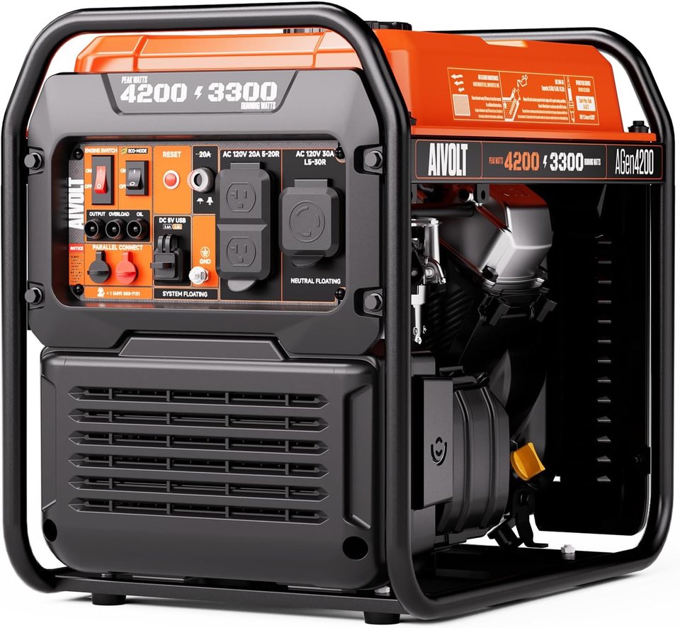 An orange and black AIVOLT open-frame inverter generator in a black tube frame, printed 4200 peak and 3300 running watts, with outlets and switches on the front panel, for storm prep in Iowa City, IA