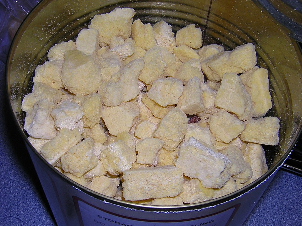 An open can of freeze-dried scrambled egg pieces, for storm prep in Iowa City, IA