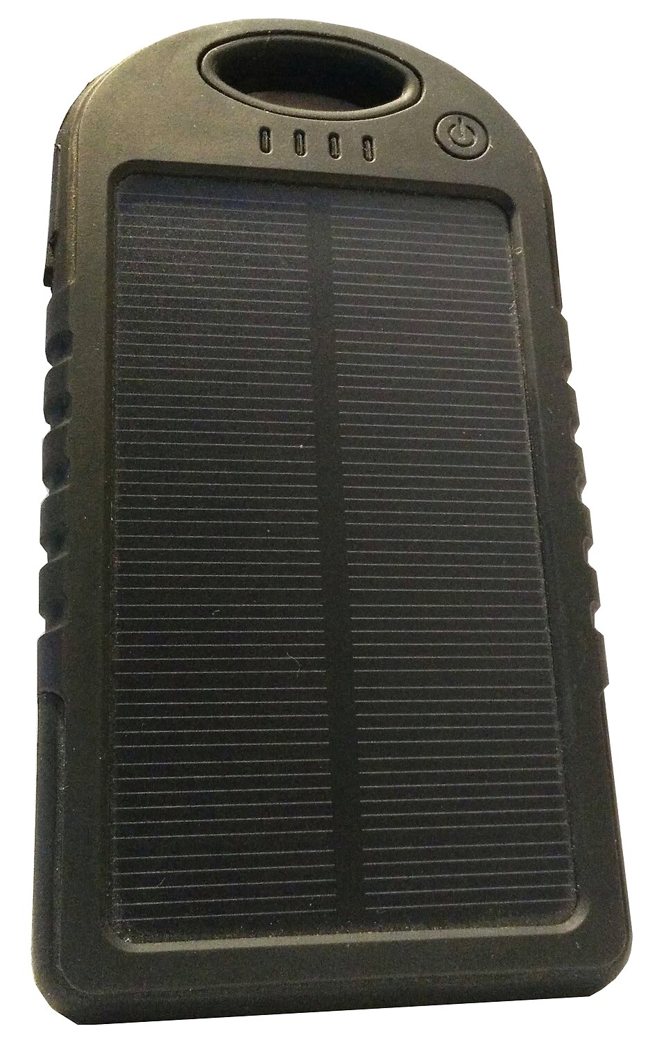 A dark green handheld power bank with a solar panel on its face, for storm prep in Iowa City, IA